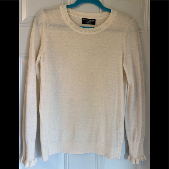 Banana Republic Sweater Merino Wool Cashmere Blend Ruffle Cuffs Ivory - Picture 1 of 4